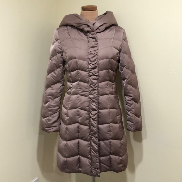 T Tahari Down Puffy Coat Size Small Taupe Knee Length Puffer - Picture 2 of 11